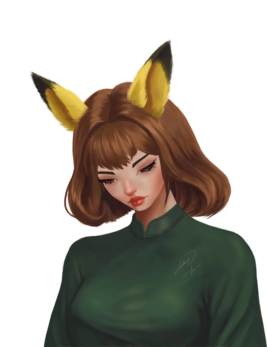 Original anime-style digital portrait of a brown-haired character with Pikachu ears and green clothing.