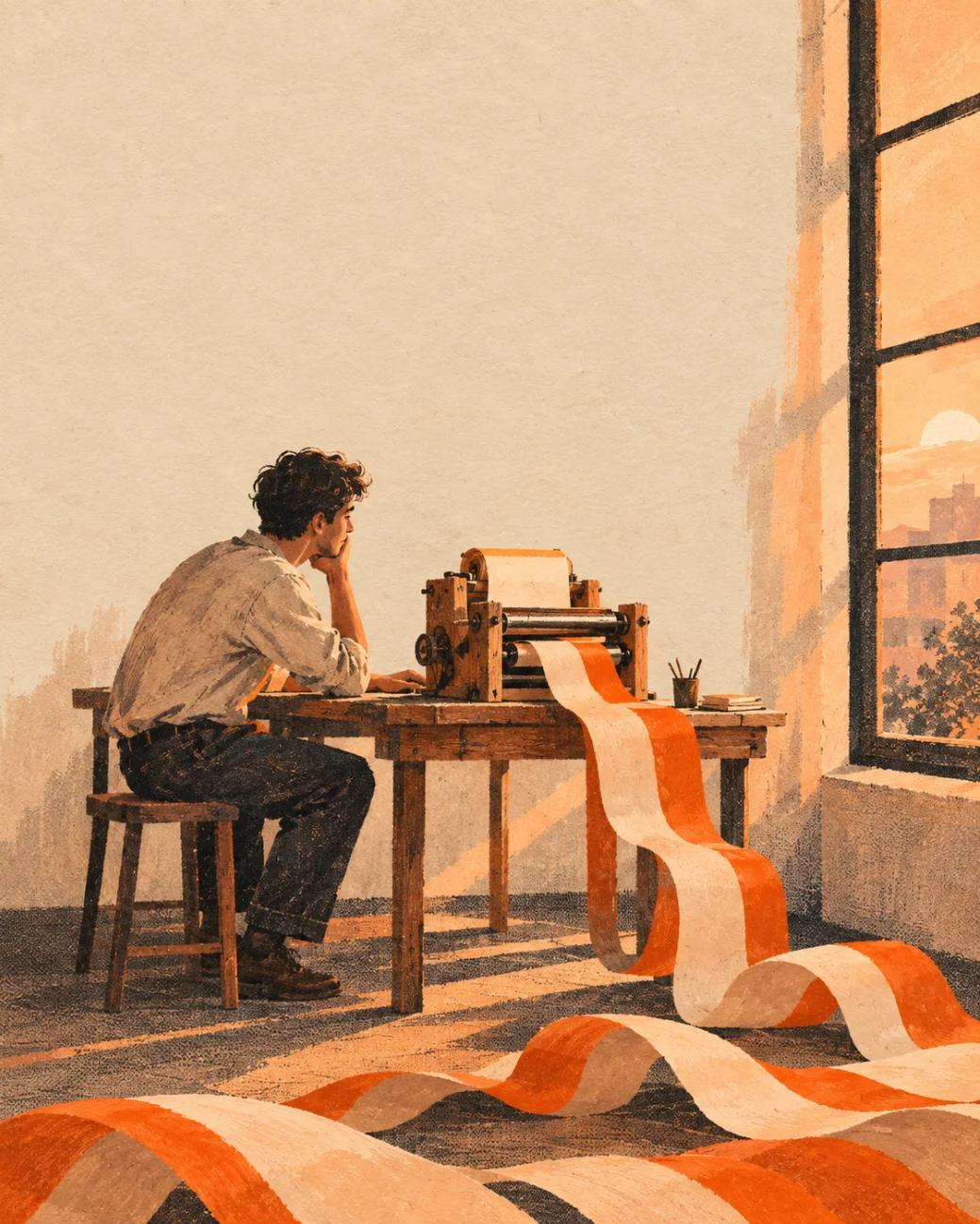 Painting: a young man at a wooden workbench watching a small paper machine, orange paper strips flowing across the floor like waves