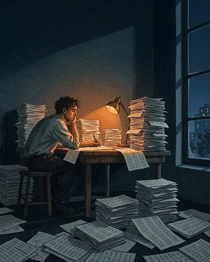 Painting: the same man late at night, buried in stacks of paper, copying numbers by hand under a desk lamp