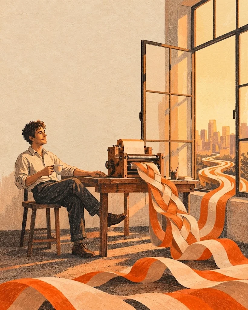 Painting: he relaxes with a cup of tea while the machine runs on its own, orange paper strips flowing out the window toward the city