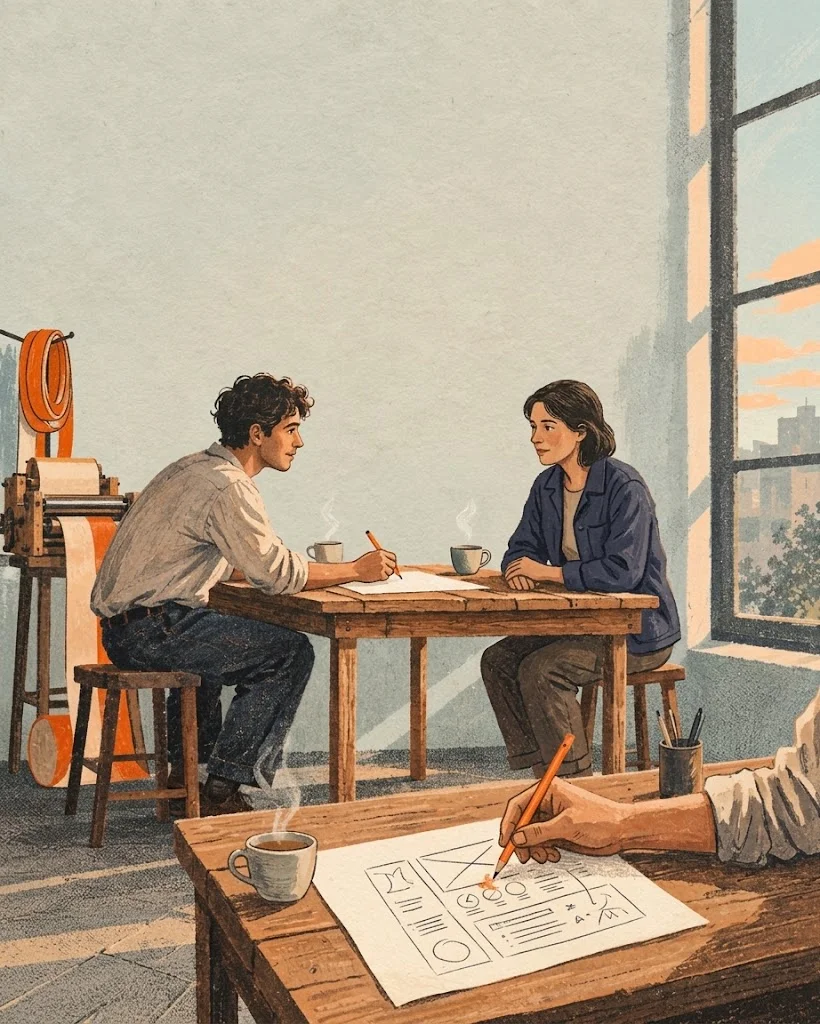 Painting: he and a client talk across the workbench over tea while a hand sketches a simple diagram
