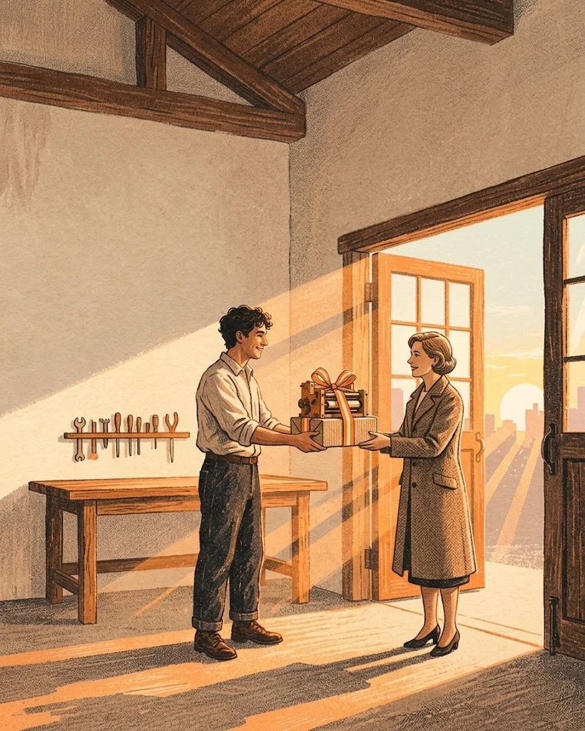 Painting: at sunrise he hands a client a small wrapped paper machine at the workshop door
