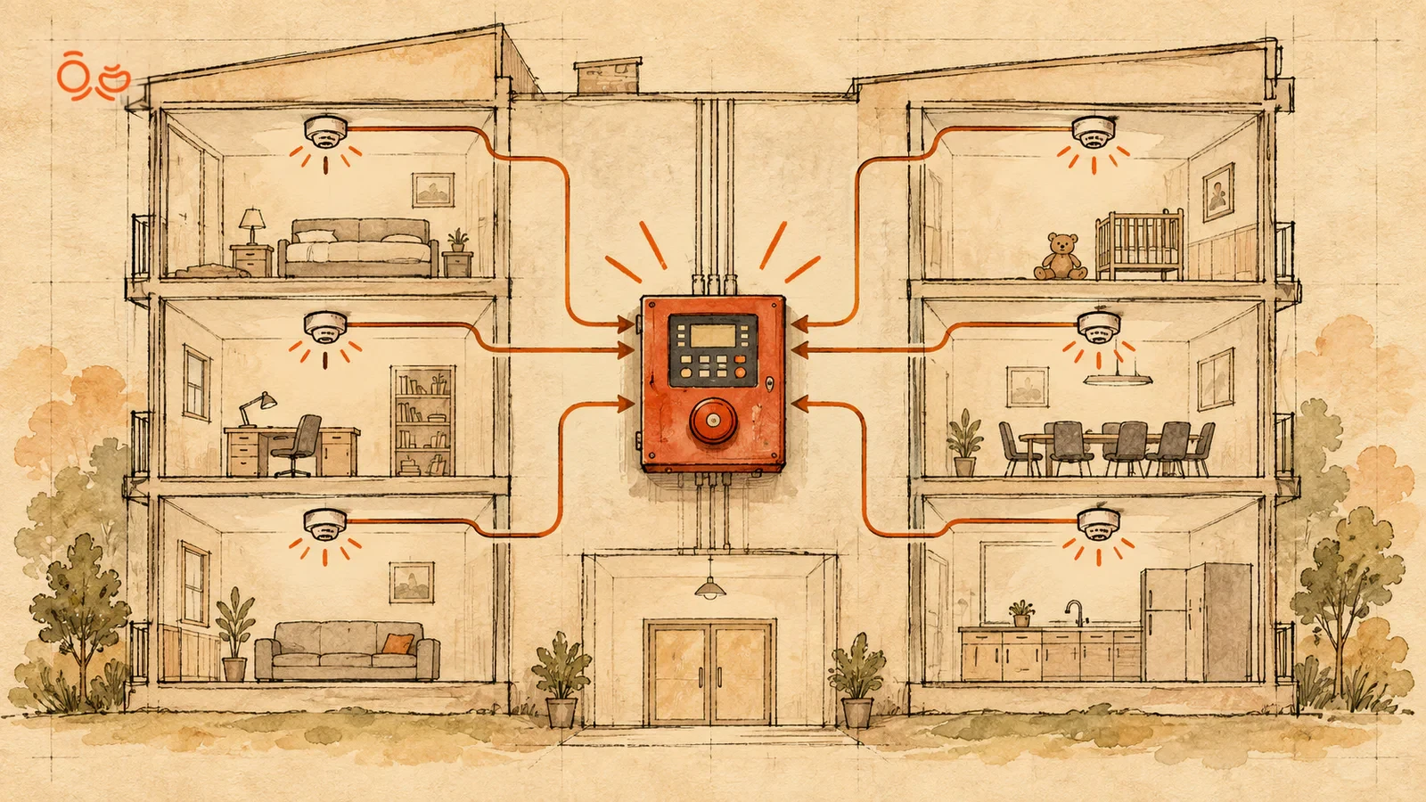 One central fire-alarm panel receives reports from across a building.